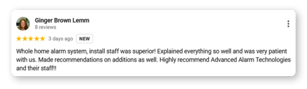 Ginger lemm google review of advanced alarm systems