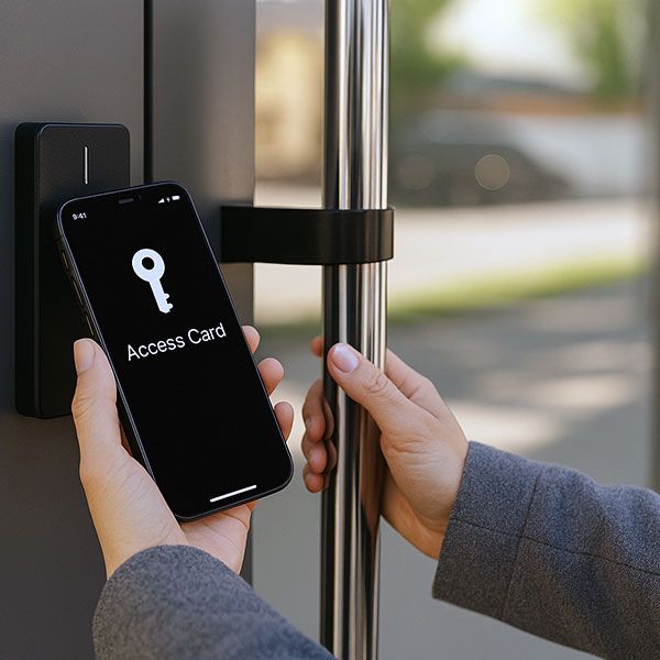 mobile access for business door image, women holding phone up to keypad
