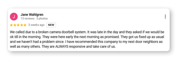 Jane Wahlgren google review of advanced alarm systems