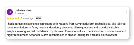 Julie Hamilton google review of advanced alarm systems